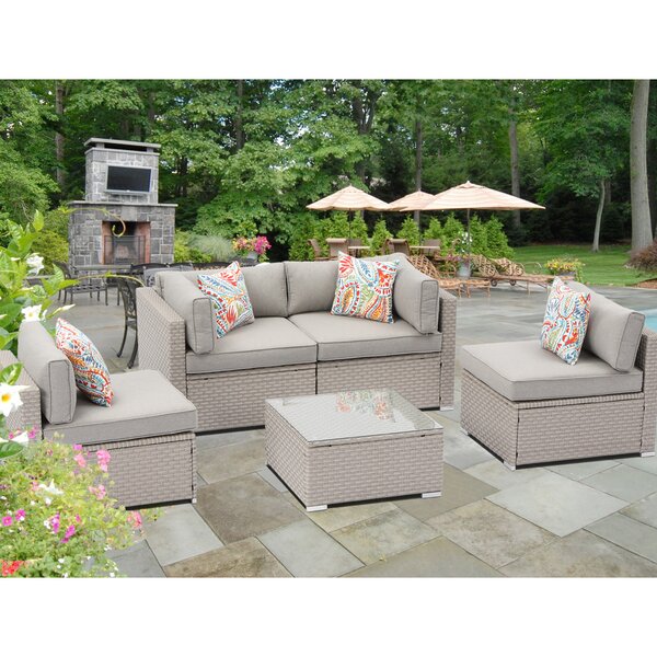 Rosecliff Heights Outdoor sectional 5-piece wicker sofa in warm grey, w